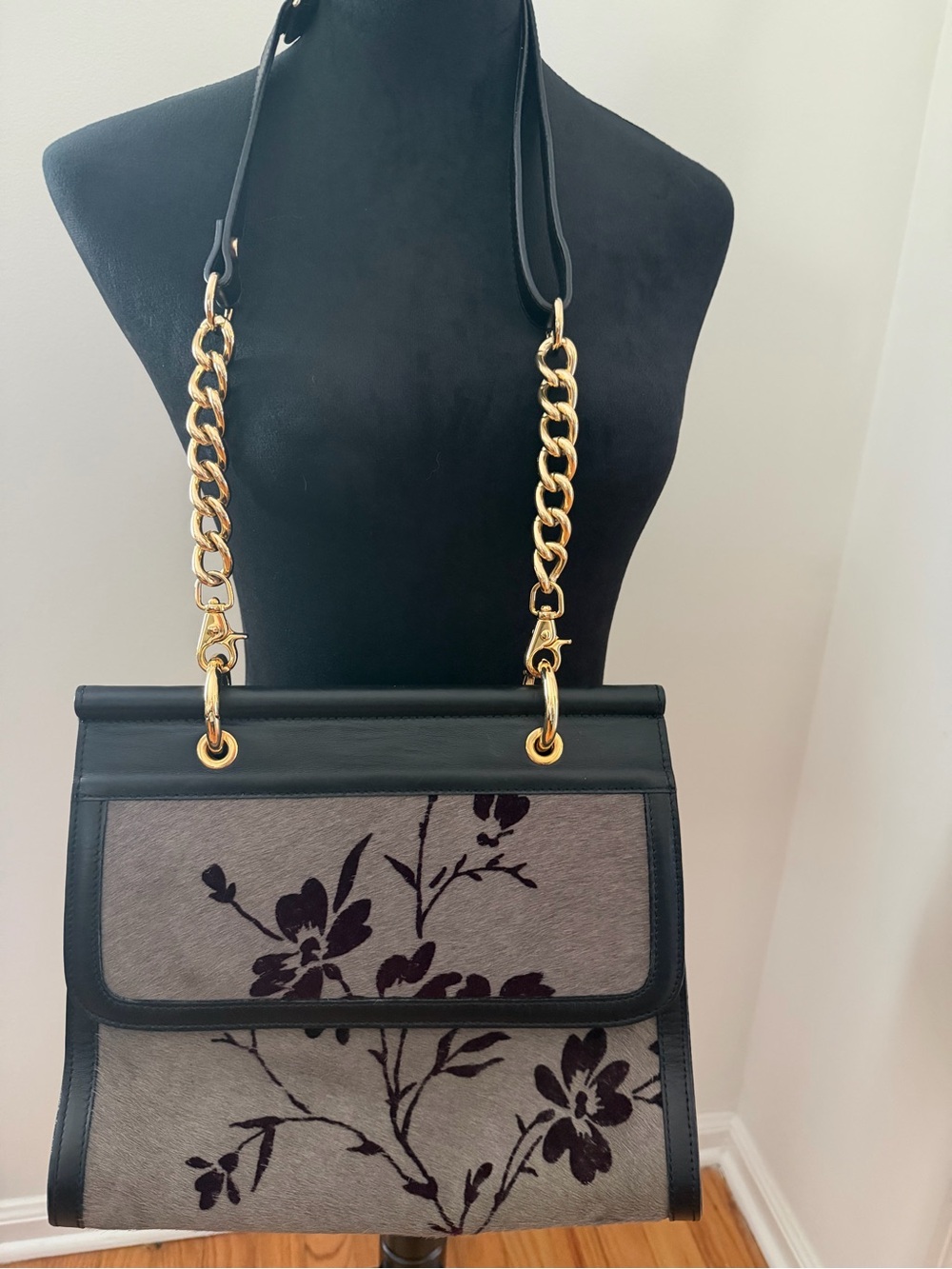 Calvalcanti Leather Calf Hair Handbag  Floral Panel Black/Mauve Gold Chain Strap